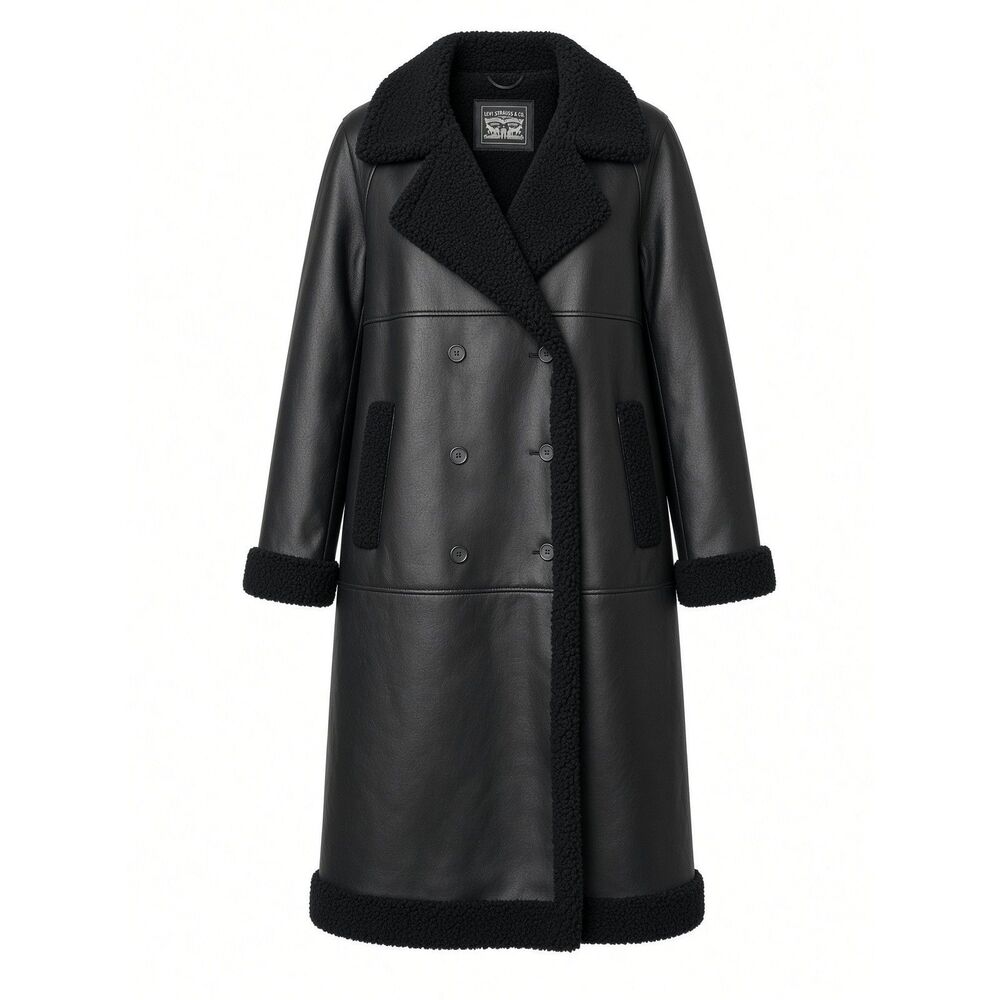 Levi's Women's Size XL Black Faux Shearling Trimmed Button-Down Long Overcoat